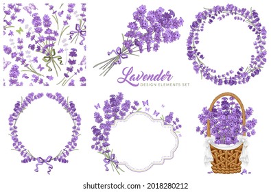 Set von Vintage-Blumendesign-Elementen mit Lavendelblumen. Circle Frame, nahtlose Muster, Bouquet, Etikettenvorlage und Blumen im Korb. Vektorgrafik.