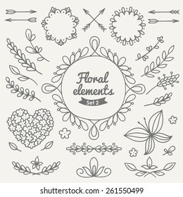 Set of vintage floral design elements. Hand drawn frames, labels, vignette, heart, borders with flowers, leaves, herbs and arrows. Perfect for spring or summer invitation, wedding and greeting cards