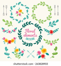 Set of vintage floral design elements. Frames, vignette with roses, leaves, herbs and arrows. Perfect for spring or summer invitation, Valentine, wedding, birthday greeting cards