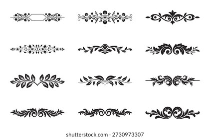 Conjunto de Elementos de diseño florales vintage y divisores caligráficos sobre fondo blanco