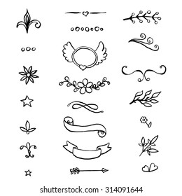Set of vintage floral design elements. Hand drawn frames, labels, vignette, heart, borders with flowers, leaves, herbs and arrows. Vector.
