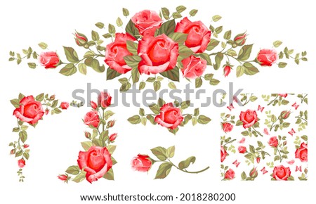 Set of vintage floral design elements with red roses, buds, leaves. Seamless pattern, corner compositions, gorgeous vignette. Vector illustration.