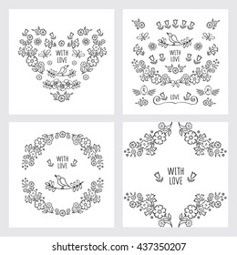Set of vintage floral elements for Mother's Day, birthday, wedding. Vintage heart of summer flowers. Vector.