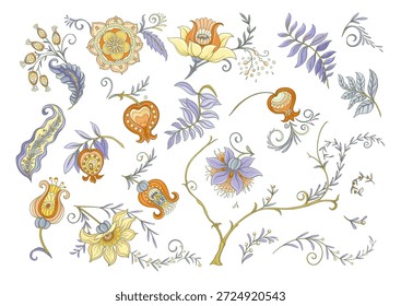 Set of vintage floral elements. Ornate hand-drawn botanical motifs for classic design. Flowers, foliage, stems create refined backgrounds for textile, wallpaper, and heritage projects.