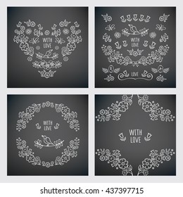 Set of vintage floral elements for Valentine's Day, birthday, wedding. Hand drawn with chalk on the black chalkboard. Vector.