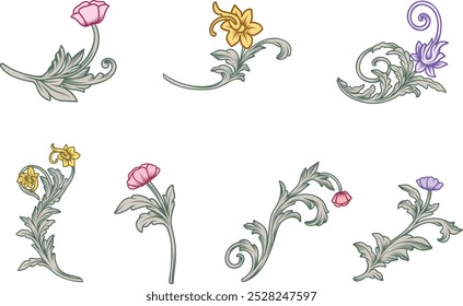 Conjunto de flor floral vintage victoriano barroco filigrana scroll elegante grabado ornamental, elemento botánico decorativo Ilustración vectorial