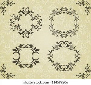 Set of vintage floral frames and corners on seamless wallpaper