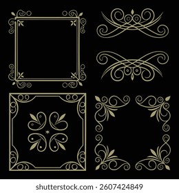 Set of vintage floral frames with ornate gold borders and decorative elements in a retro Victorian style	