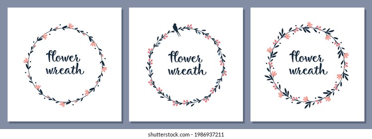 Set of vintage floral frames in round shape. Flower wreath.
