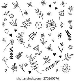 Set of vintage floral hand drawn elements. Flowers, hearts, elements. Hand Drawn vintage floral elements.