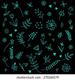 Set of vintage floral hand drawn elements. Flowers, hearts, elements. Hand Drawn vintage floral elements.