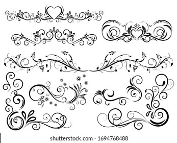 Set of  vintage floral ornament, Hand drawn decorative element, vector illustration of floral element isolated on black background, design for page decoration cards, wedding, banner, frames