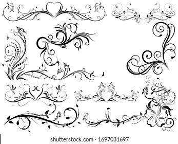 Set of vintage floral ornament, Hand drawn decorative element, vector illustration of floral element isolated on black background, design for page decoration cards, wedding, banner, frames