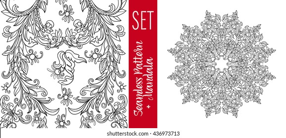 Set  with vintage floral pattern and Beautiful Deco Mandala.  Outline hand draw. Vector illustration.