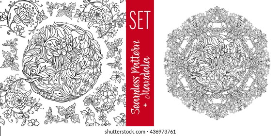Set  with vintage floral pattern and Beautiful Deco Mandala.  Outline hand draw. Vector illustration.