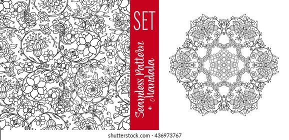 Set  with vintage floral pattern and Beautiful Deco Mandala.  Outline hand draw. Vector illustration.