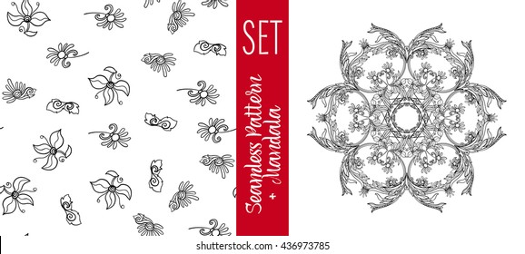 Set  with vintage floral pattern and Beautiful Deco Mandala.  Outline hand draw. Vector illustration.