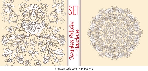 Set  with vintage floral pattern and Beautiful Deco Mandala. Vector illustration.