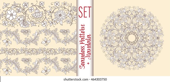Set  with vintage floral pattern and Beautiful Deco Mandala. Vector illustration.