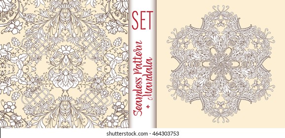 Set  with vintage floral pattern and Beautiful Deco Mandala. Vector illustration.