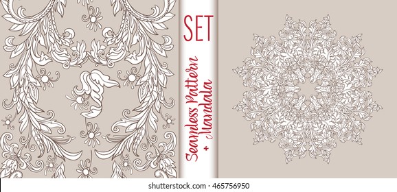 Set  with vintage floral pattern and Beautiful Deco Mandala. Vector illustration.
