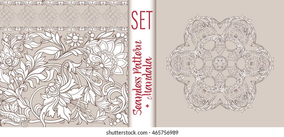Set  with vintage floral pattern and Beautiful Deco Mandala. Vector illustration.