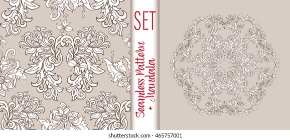 Set  with vintage floral pattern and Beautiful Deco Mandala. Vector illustration.