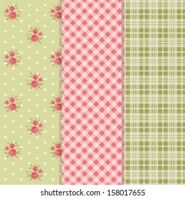 Set of vintage floral patterns with roses in shabby chic style and plaid patterns of similar colors