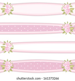 Set of vintage floral ribbons with roses in shabby chic style isolated on white background