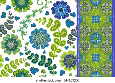 Set of vintage floral seamless pattern and border. Vector background with fantasy flowers end leaves. Hand draw illustration.