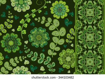 Set of vintage floral seamless pattern and border. Vector background with fantasy flowers end leaves. Hand draw illustration.