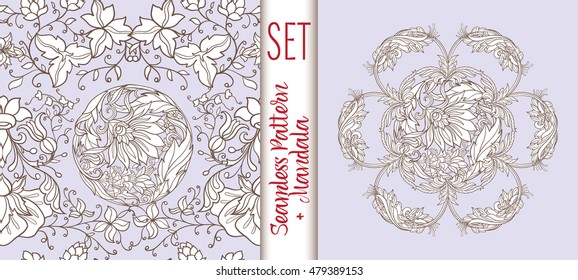 Set  with vintage floral seamless pattern and Beautiful Deco Mandala. in rococo style, victorian style, in renaissance style, in baroque style. Vector illustration.