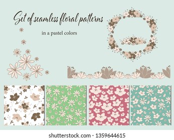 set of vintage floral seamless patterns, flowers elements. Endless texture for your design, greeting cards, announcements, posters .