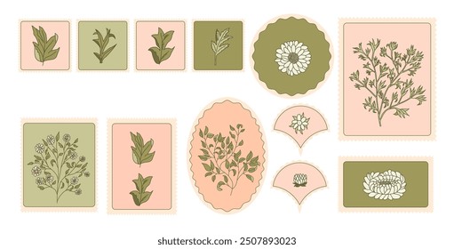 Set of vintage floral stamps stickers. Vector hand drawn emblems collection