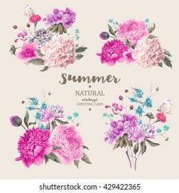 Set of vintage floral vector bouquet of peonies and garden flowers, botanical natural peonies Illustration on white. Summer floral peonies greeting card