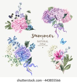 Set of vintage floral vector bouquet of blooming hydrangea and garden flowers, botanical natural hydrangea Illustration on white. Summer floral hydrangea greeting card in watercolor style