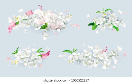 Set of vintage floral vector bouquets: pink Tulips, white Peonies, Apple blossom. Botanical drawing in watercolor style for greeting cards, flower wedding invitations, spring summer sales.