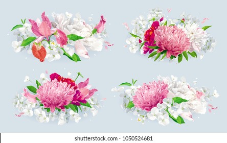 Set of vintage floral vector bouquets: pink Chrysanthemums, Tulips, red Peonies, Apple blossom. Botanical drawing in watercolor style for greeting cards, flower wedding invitations, spring summer sale