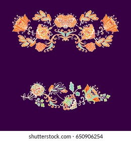 Set of vintage floral vector compositions on dark violet background