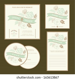 Set of vintage floral wedding invitation cards. Vector illustration