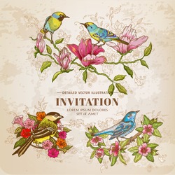Set Of Vintage Flowers And  Birds - Hand-drawn Illustration - In Vector