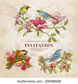 Set of Vintage Flowers and  Birds - hand-drawn Illustration - in vector