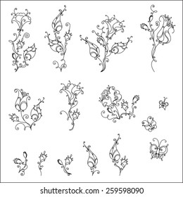 Set of vintage flowers and butterflies. Ornate linear floral design elements for your design isolated on white background.