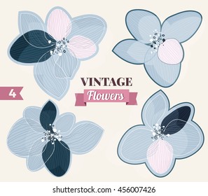 Set of Vintage flowers in creative modern style. Black and white vector illustration. Outline retro pattern, hand drawn botany design floral eps10 template