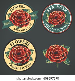 Set of vintage flowers logo, badges and emblems on dark green background. Vector illustration with background on different layer. Red rose with leaves.