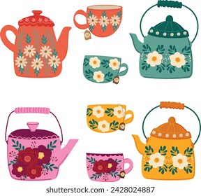 conjunto de flores vintage tetera y taza dibujado a mano elemento vector para decorar la invitación de felicitación fiesta de cumpleaños celebración tarjeta de boda póster banner textil papel pintado fondo de pantalla