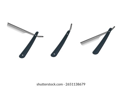Set of vintage folding straight razors. Ideal for barbershop, shaving, and grooming-themed designs.