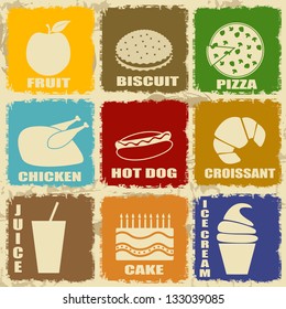 Set of Vintage food icons on separate labels - Retro Signs poster, vector illustration