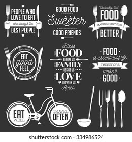 Set of vintage food related typographic quotes. Vector illustration. Kitchen printable design elements.