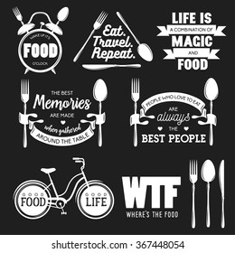 Set of vintage food related typographic quotes. Vector illustration. Kitchen printable design elements.